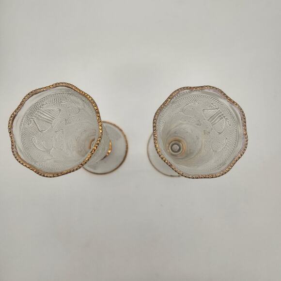 Two Textured Vintage Jeannette Harp Gold Pattern Vases 7 1/2" Tall Scalloped Rim - Picture 5 of 10